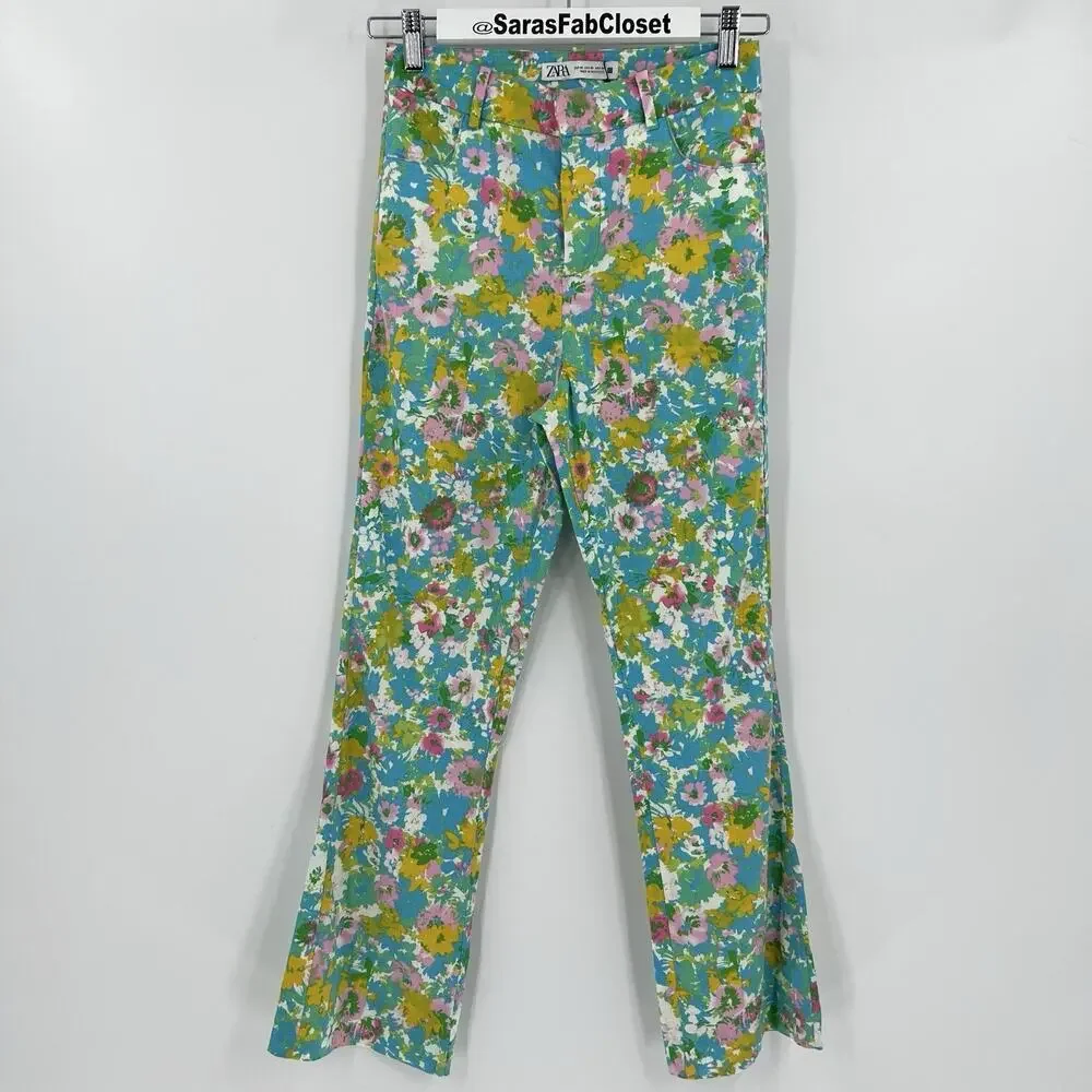 Zara Women's Size 2‎ Floral Linen Blend Mini Flare Trouser Pants Cropped NWT